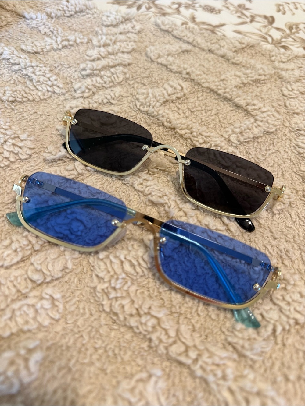 Rimless Rectangle Sunglasses - Black and Blue Lenses